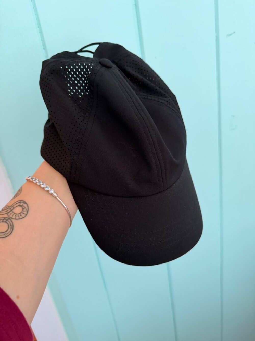 Ponytail Running Hat Black Laser Perforated Lightweight Adjustable Athletic Cap